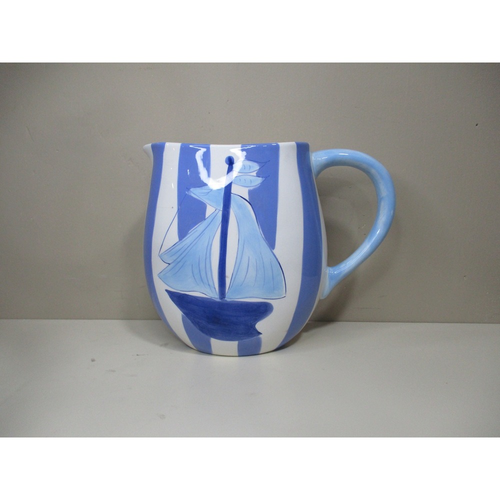 Cardinal Inc Sail Away Handpainted Ceramic Pitcher Blue White Nautical Sailboat